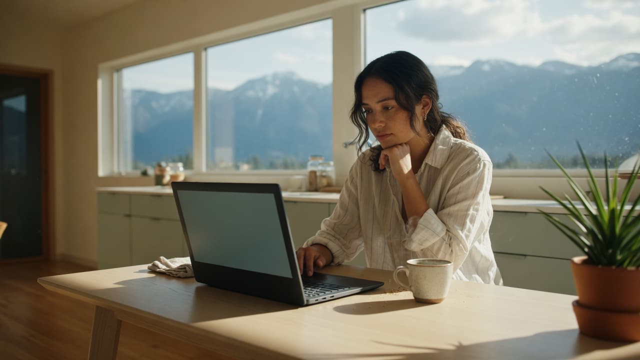 A founder filling in an application on a laptop, with mountains outside the window